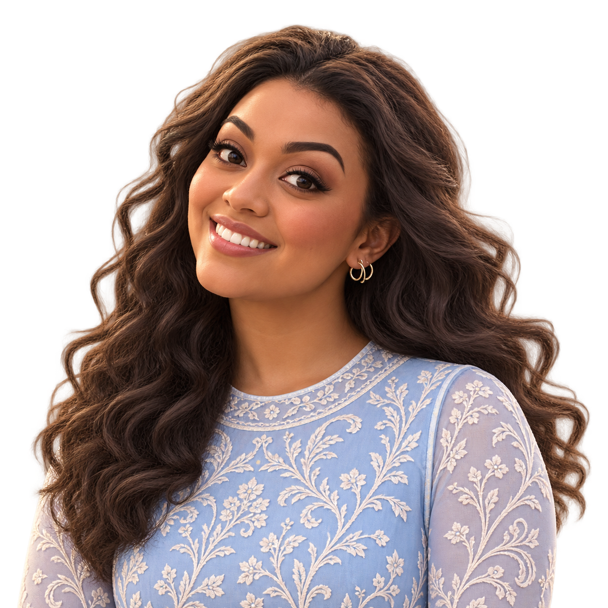 Personagem de Ana, com cabelos ondulados e vestido azul.