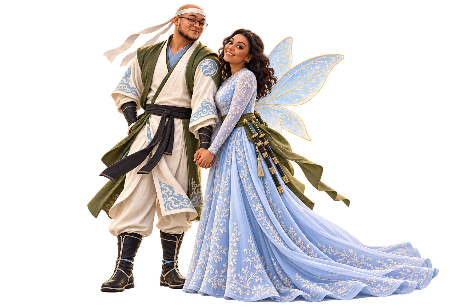 Proposta dos personagens: Arthur careca, de óculos e faixa branca, ao lado de Ana com vestido azul, asas de fada e três espadas embainhadas.
